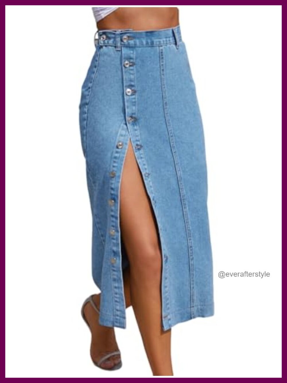High Waisted Denim Midi Skirt Button Front Side Slit